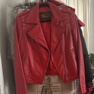 Thread Needle Handmade Women's Bold Red Genuine Leather Jacket